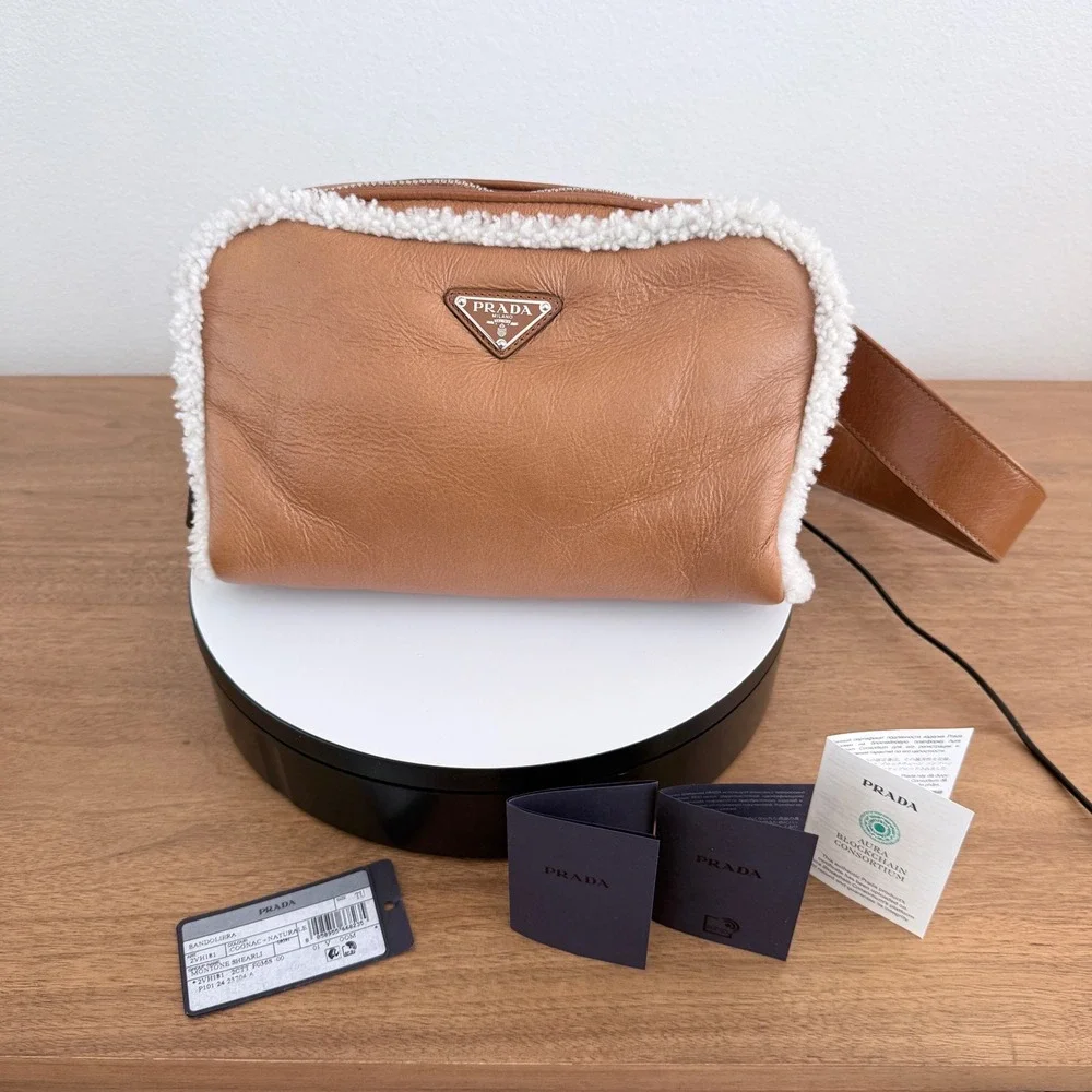 Prada Bandoliera Montone Shearling Leather Crossbody Bag Cognac 2VH181